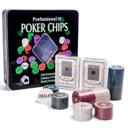 Покерный набор HitToy Holdem Light 100 фишек с номиналом в жестяной коробке