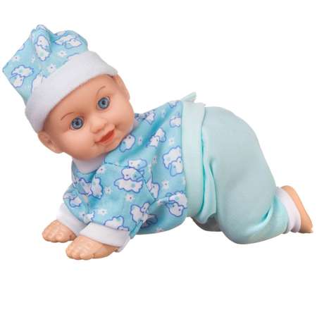 Кукла-пупс со звуком Junfa ползающий в синей кофте с рисунком и голубых штанишках со звуковыми эффектами 15см