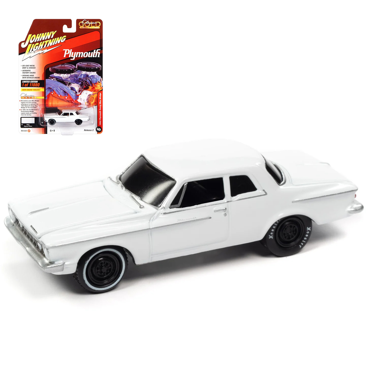 Автомобиль Johnny Lightning 1962 Plymouth Savoy Max Wedge 1:64 белый JLCG029B-R2-N6 - фото 1