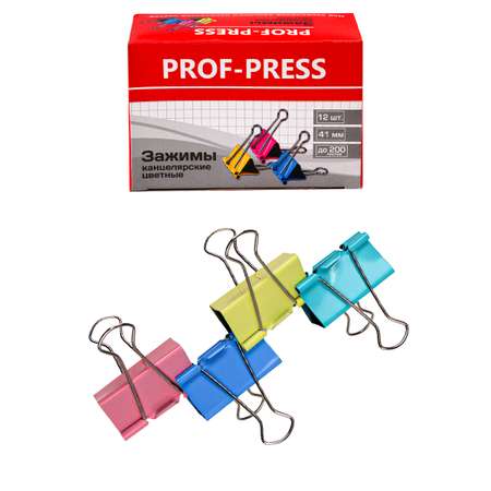 Зажим для бумаг Prof-Press цветной 41мм 12 шт в коробке