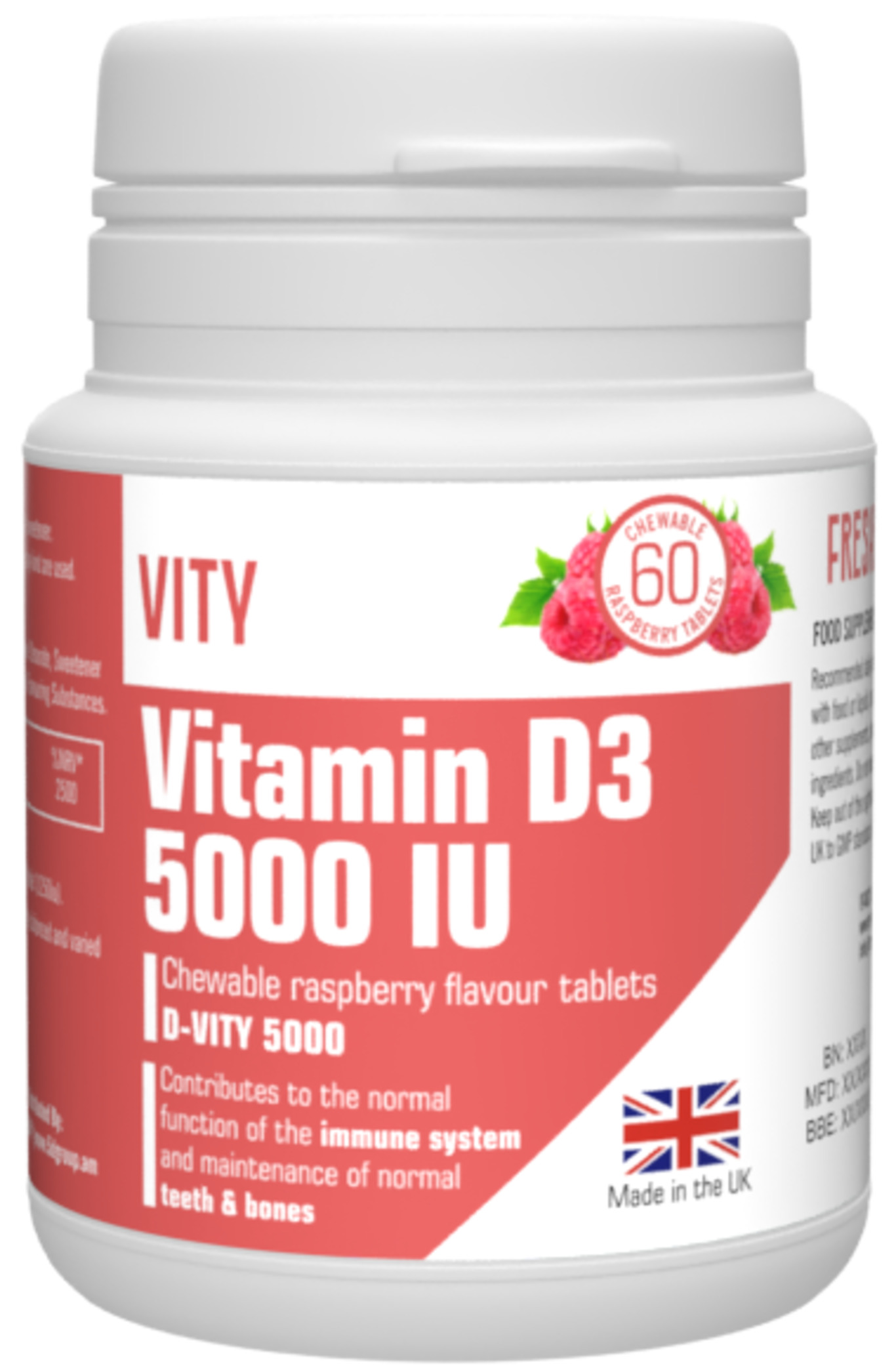 БАД VITY Витамин Д3 5000МЕ жевательные таблетки с малиновым вкусом Великобритания - фото 1