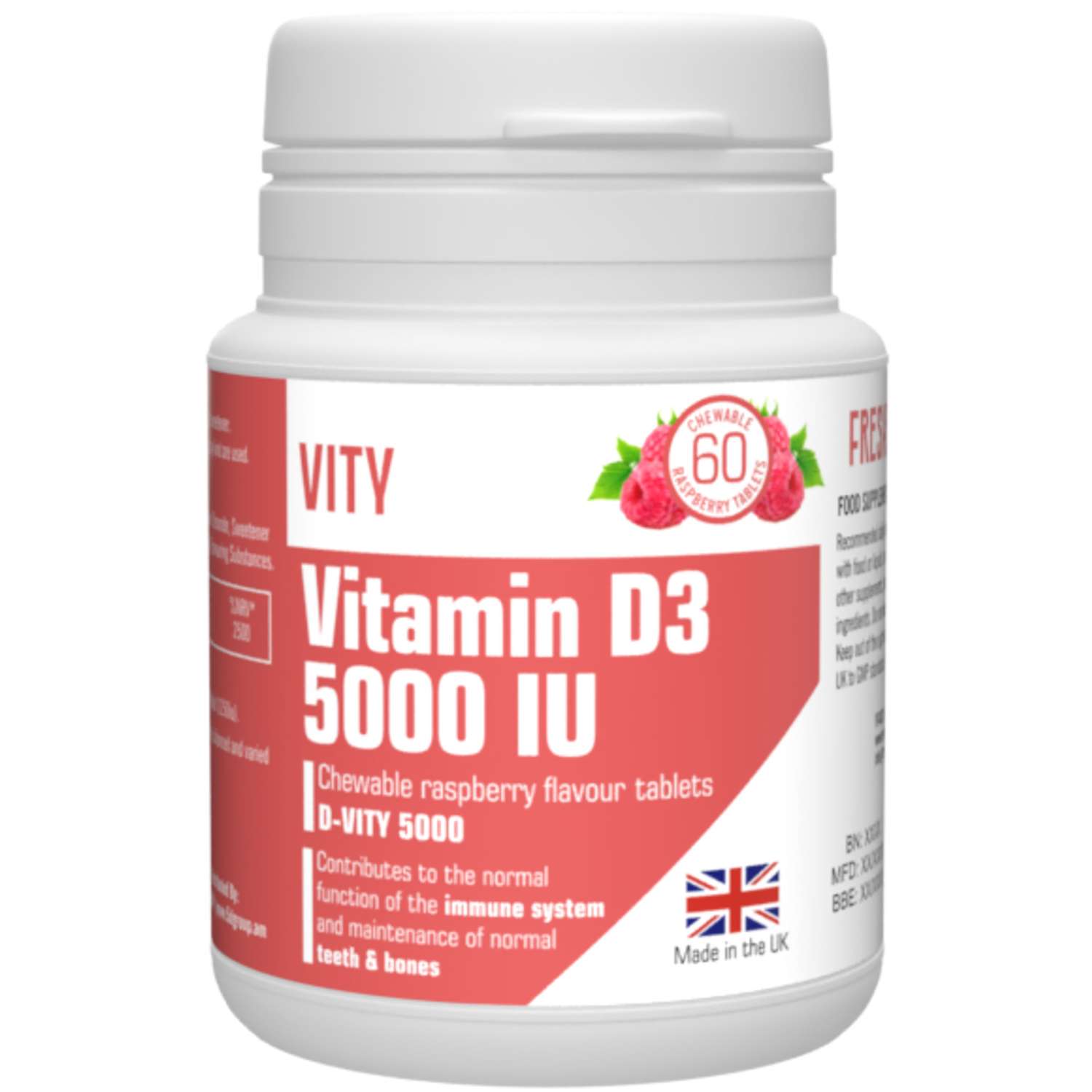 БАД VITY Витамин Д3 5000МЕ жевательные таблетки с малиновым вкусом Великобритания - фото 1