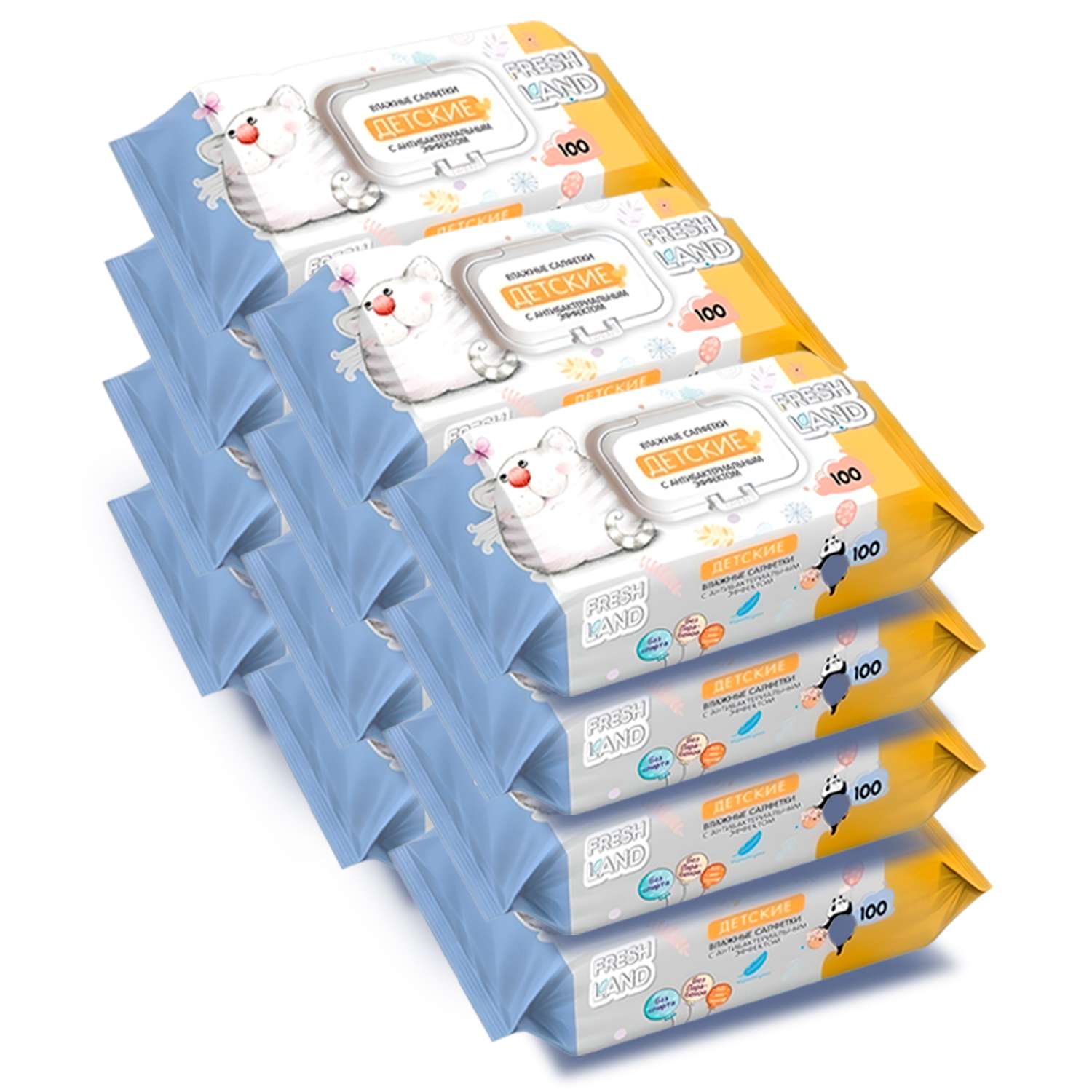 Влажные салфетки детские FRESHLAND Кот с антибактериальным эффектом 12х100 шт - фото 1