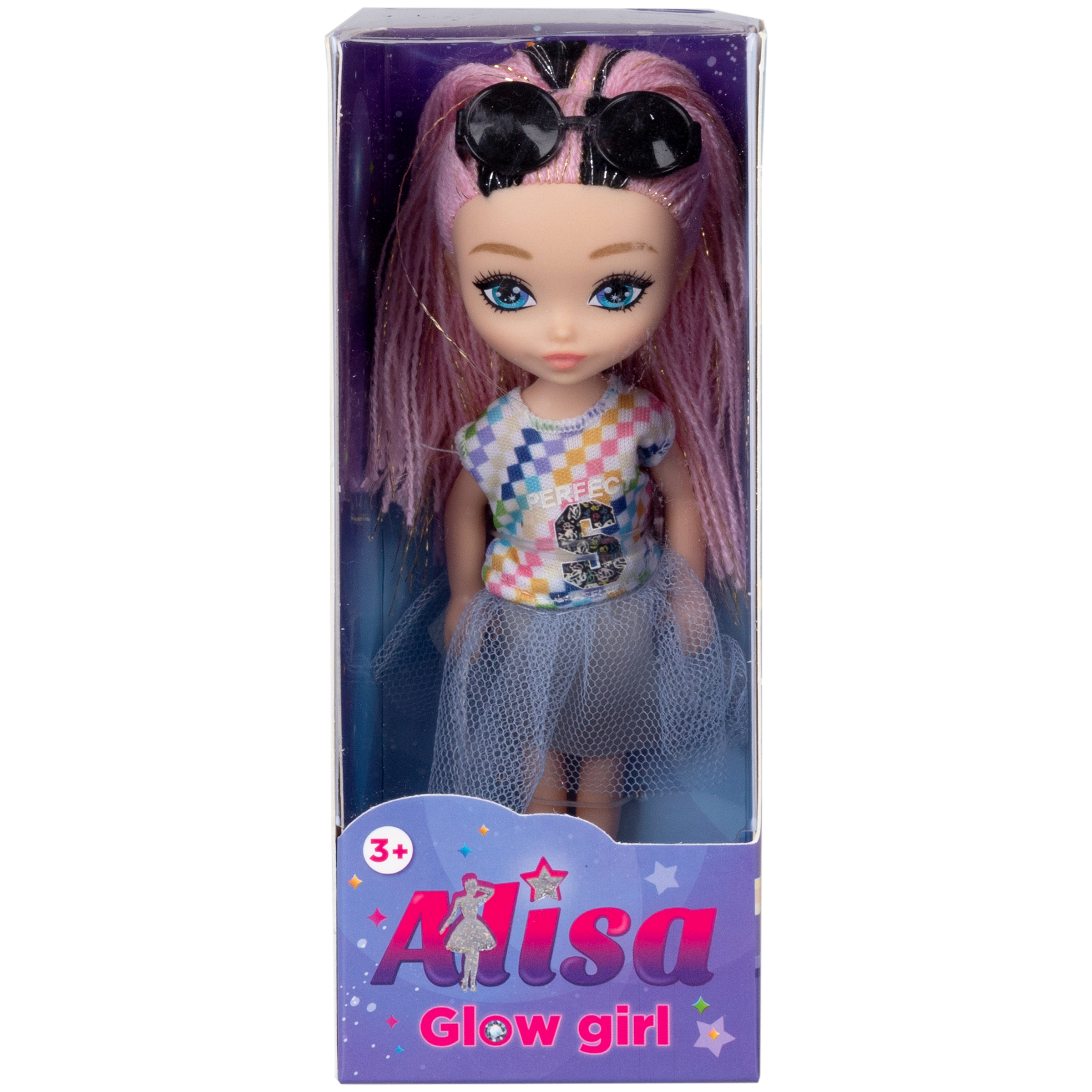 Кукла для девочки Alisa glow girl 1TOY мини с яркими волосами и очками гнущиеся колени в серой юбке 15 см Т25196-4 - фото 2