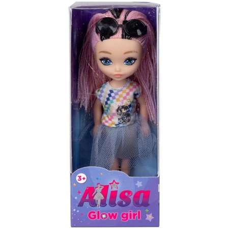 Кукла для девочки Alisa glow girl 1TOY мини с яркими волосами и очками гнущиеся колени в серой юбке 15 см