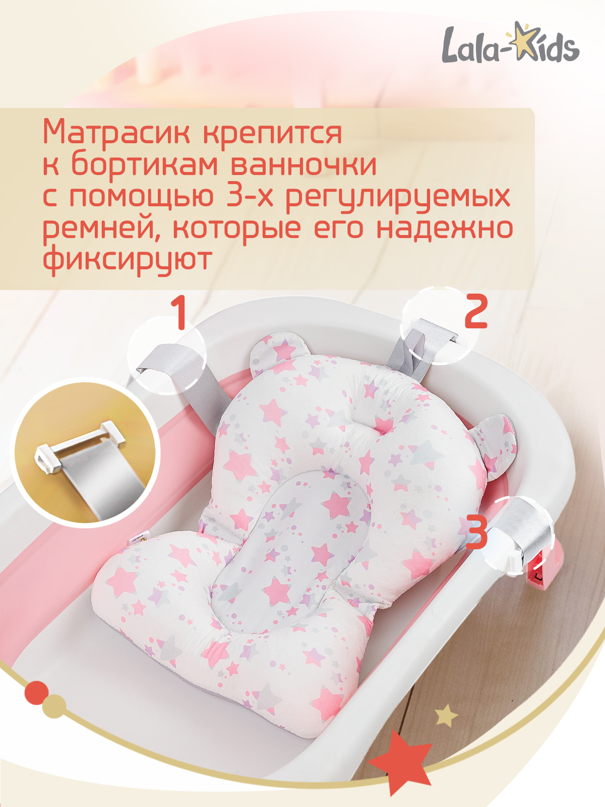 Складная ванночка для купания LaLa-Kids с термометром складным ковшом и матрасиком в комплекте - фото 13