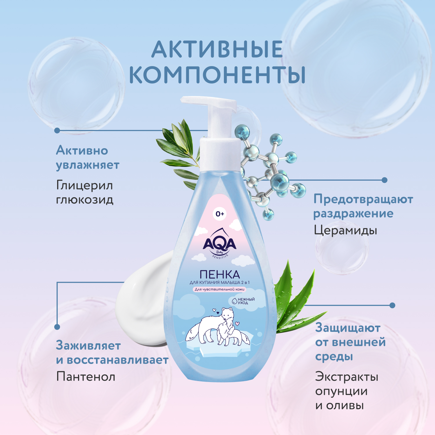 Пенка для купания малыша AQA baby Sensitive 2в1 Нежный уход для чувствительной кожи 250мл с 0месяцев - фото 4