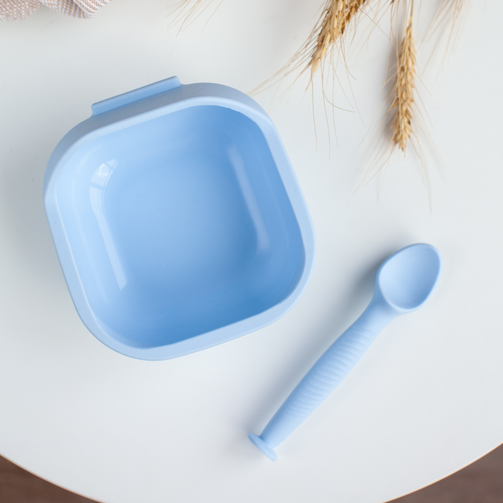 Набор детской посуды iSюминка Силиконовая тарелка на присоске и ложка Голубая - фото 17