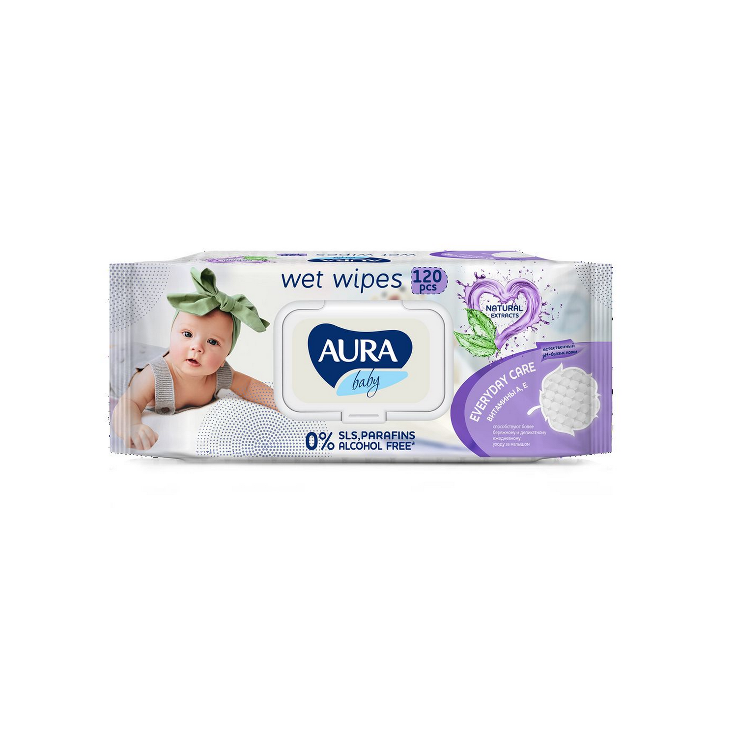 Влажные салфетки AURA BABY детские 0+ с витаминами А Е big-pack с крышкой 120шт - фото 1
