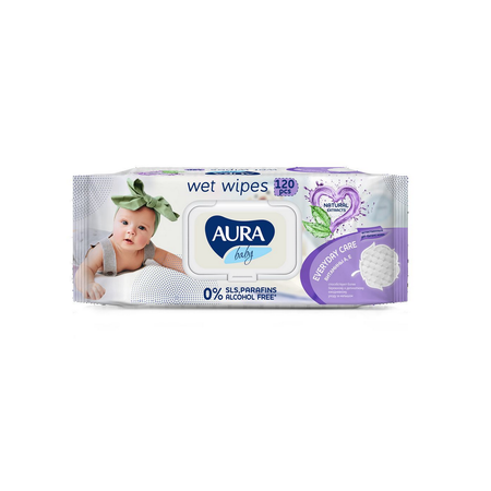 Влажные салфетки AURA BABY детские 0+ с витаминами А Е big-pack с крышкой 120шт