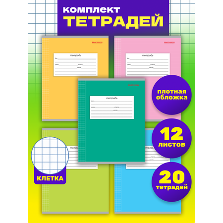 Набор тетрадей Prof-Press клетка Классика А5 12 листов 20 шт 5 дизайнов