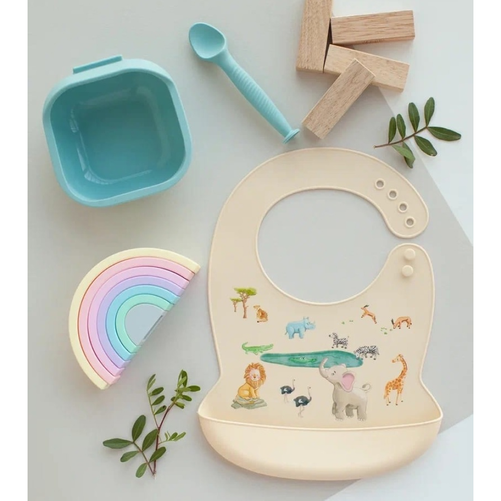 Набор детской посуды iSюминка Силиконовая тарелка на присоске и ложка Аквамарин - фото 15