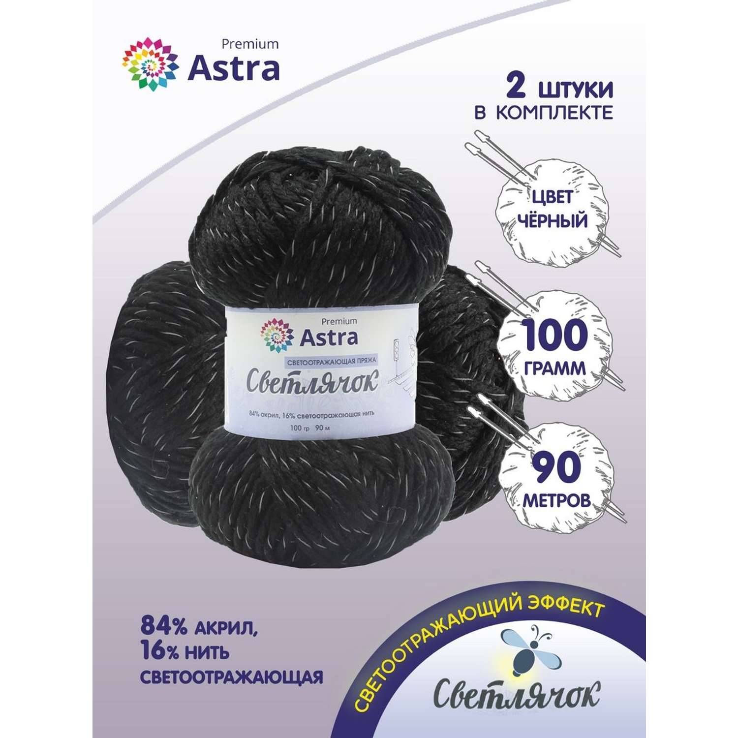 Пряжа Astra Premium Светлячок Reflective светоотражающая для детской одежды 100 г 90 м 999 черный 2 мотка - фото 1