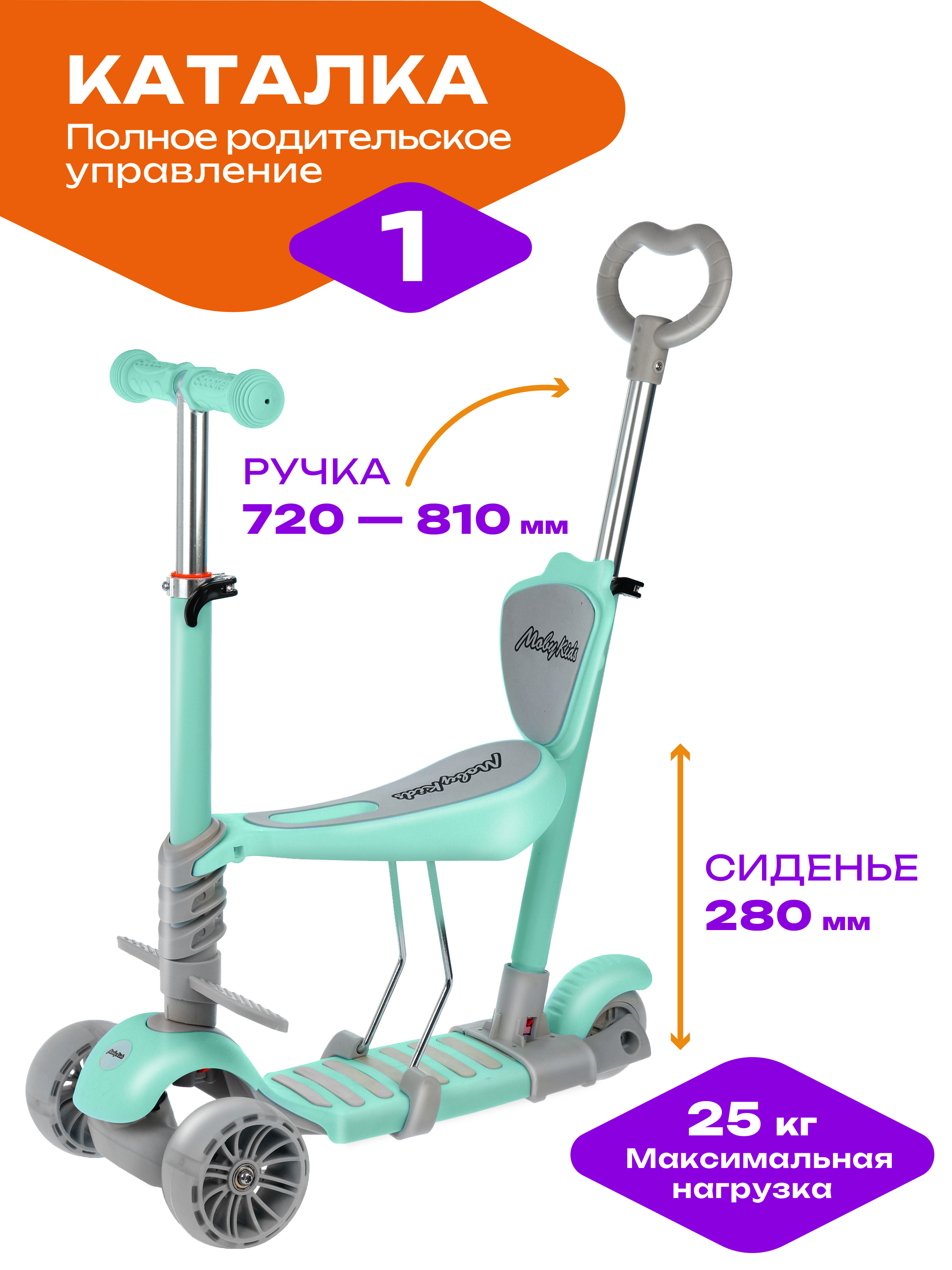 Самокат трехколесный Moby Kids Pony 3 в 1 светящиеся колеса. Мятный - фото 3