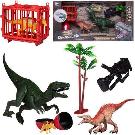 Игровой набор Динозавры Junfa 1 Большой зеленый 2 маленьких Клетка Яйцо Оружие Пальма Свет Звук
