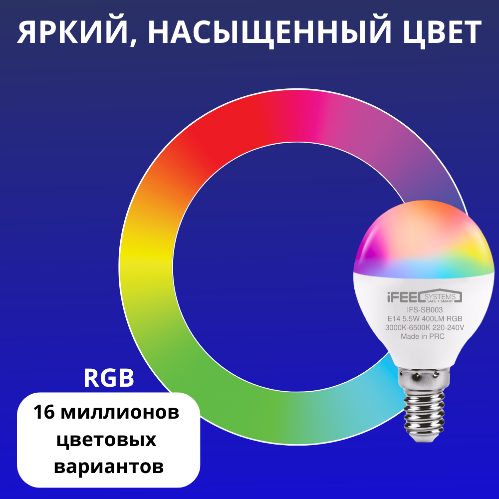 Умная лампочка iFEEL Globe Шар E14 RGB с Wi-Fi Алисой - фото 4