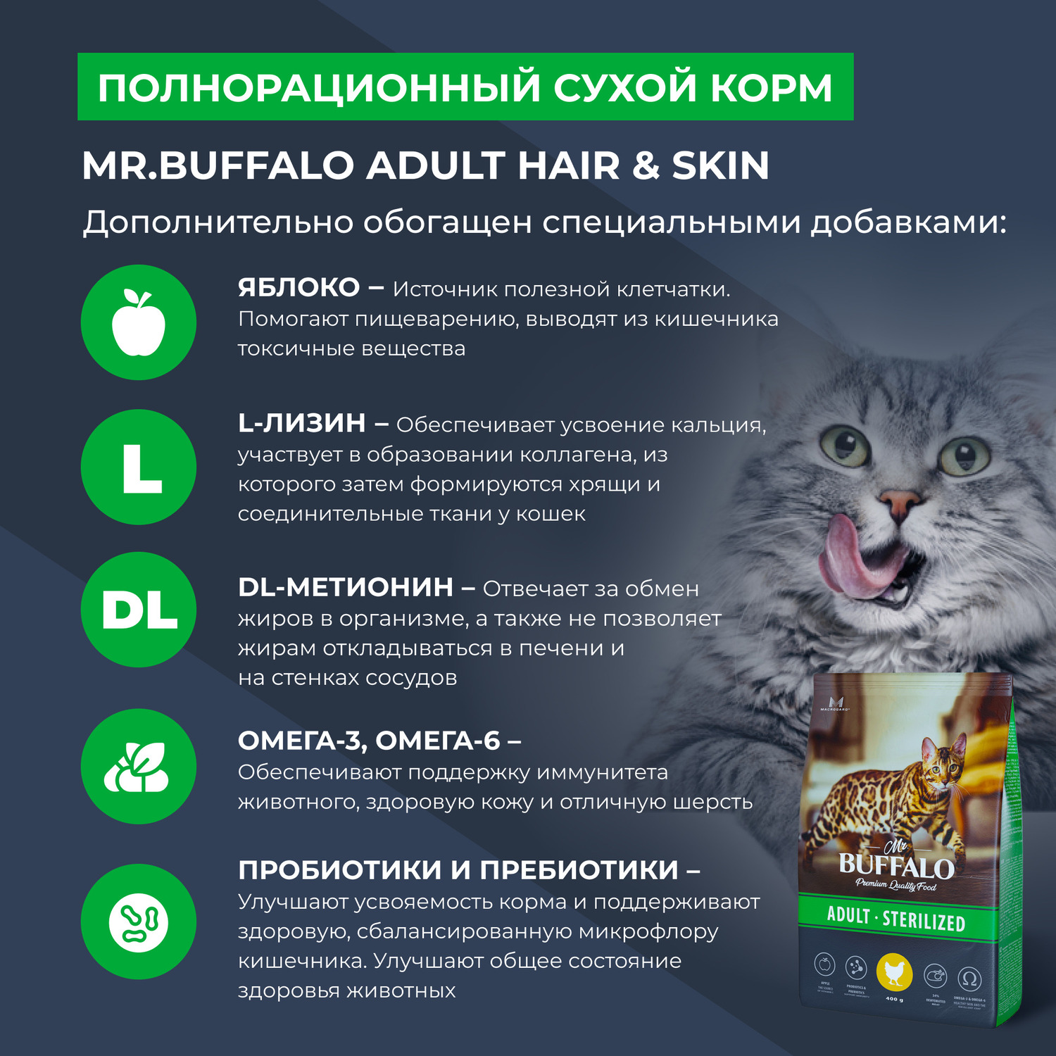 Корм для кошек Mr.Buffalo Castrated стерилизованных с курицей сухой 400г - фото 4