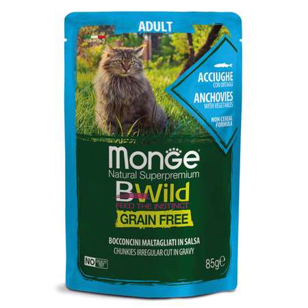 Корм для кошек MONGE Cat BWild Grain Free для взрослых беззерновой из анчоусов с овощами пауч 85г