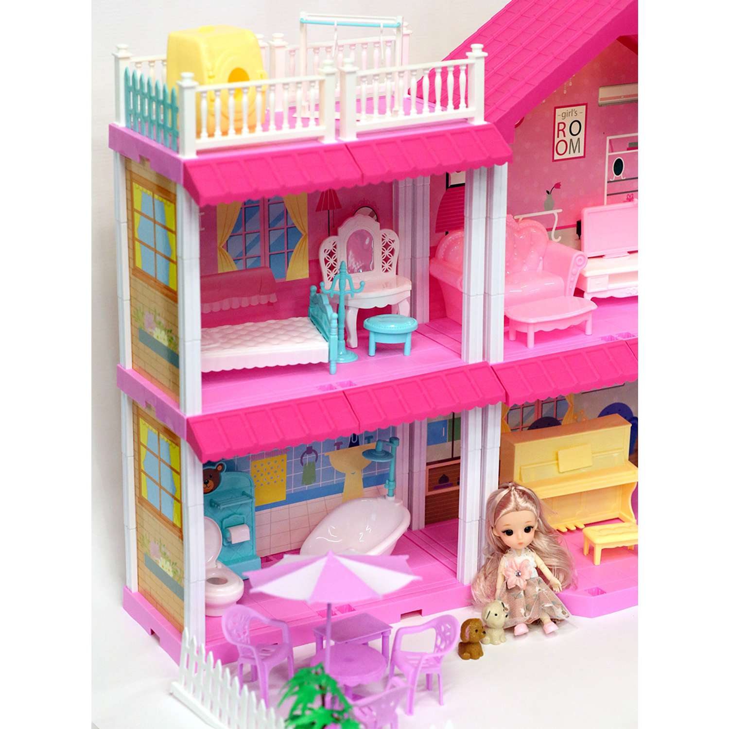 Кукольный дом SHARKTOYS двухэтажная вилла с балконом двумя куклами и питомцами 11500014 - фото 9