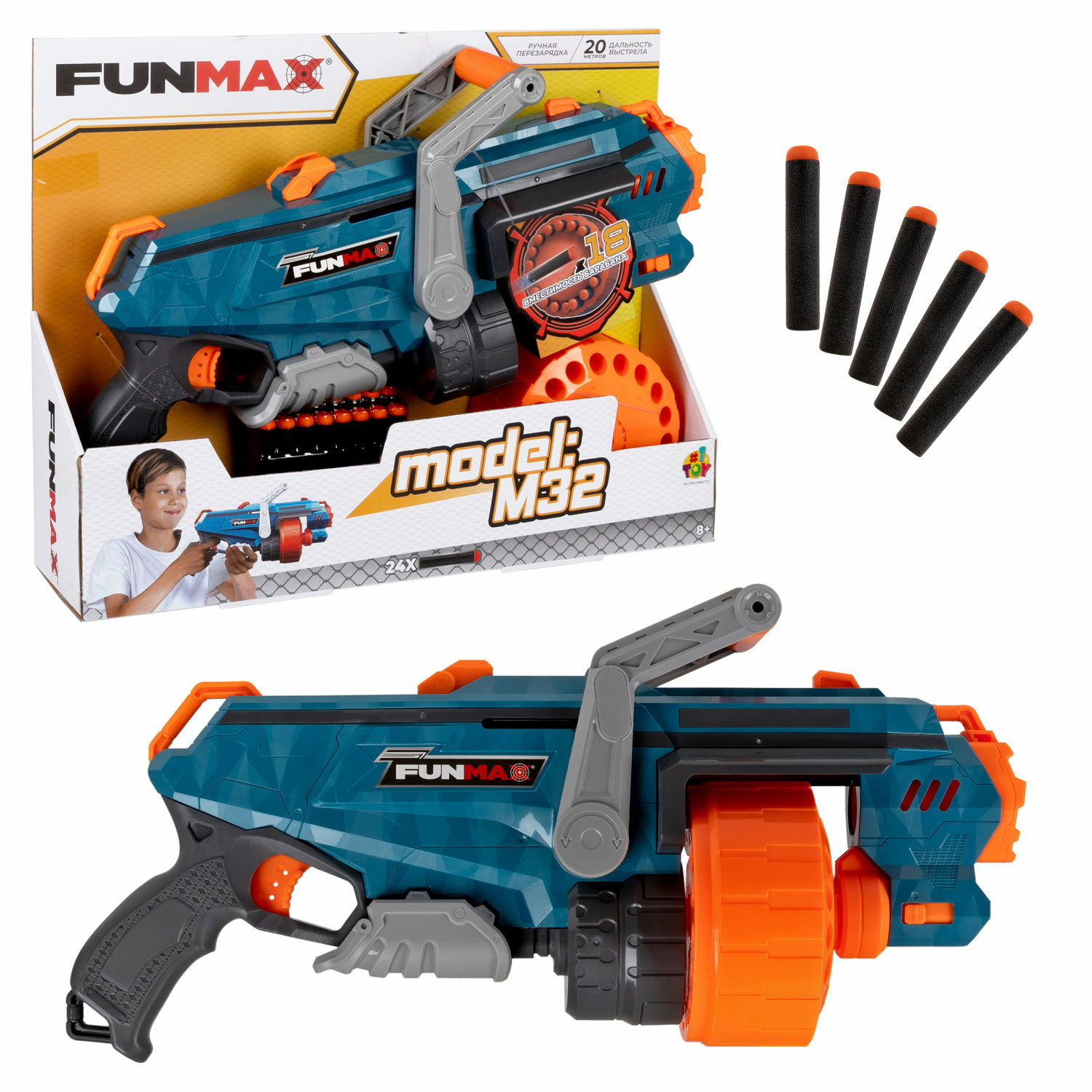 Бластер FunMax 1TOY M32 механический барабан 18 выстрелов и 24 снаряда