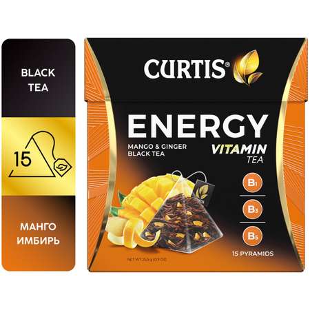 Чай черный Curtis Energy 15 пирамидок с ароматом манго кусочками имбиря и витаминами В1 В3 В5