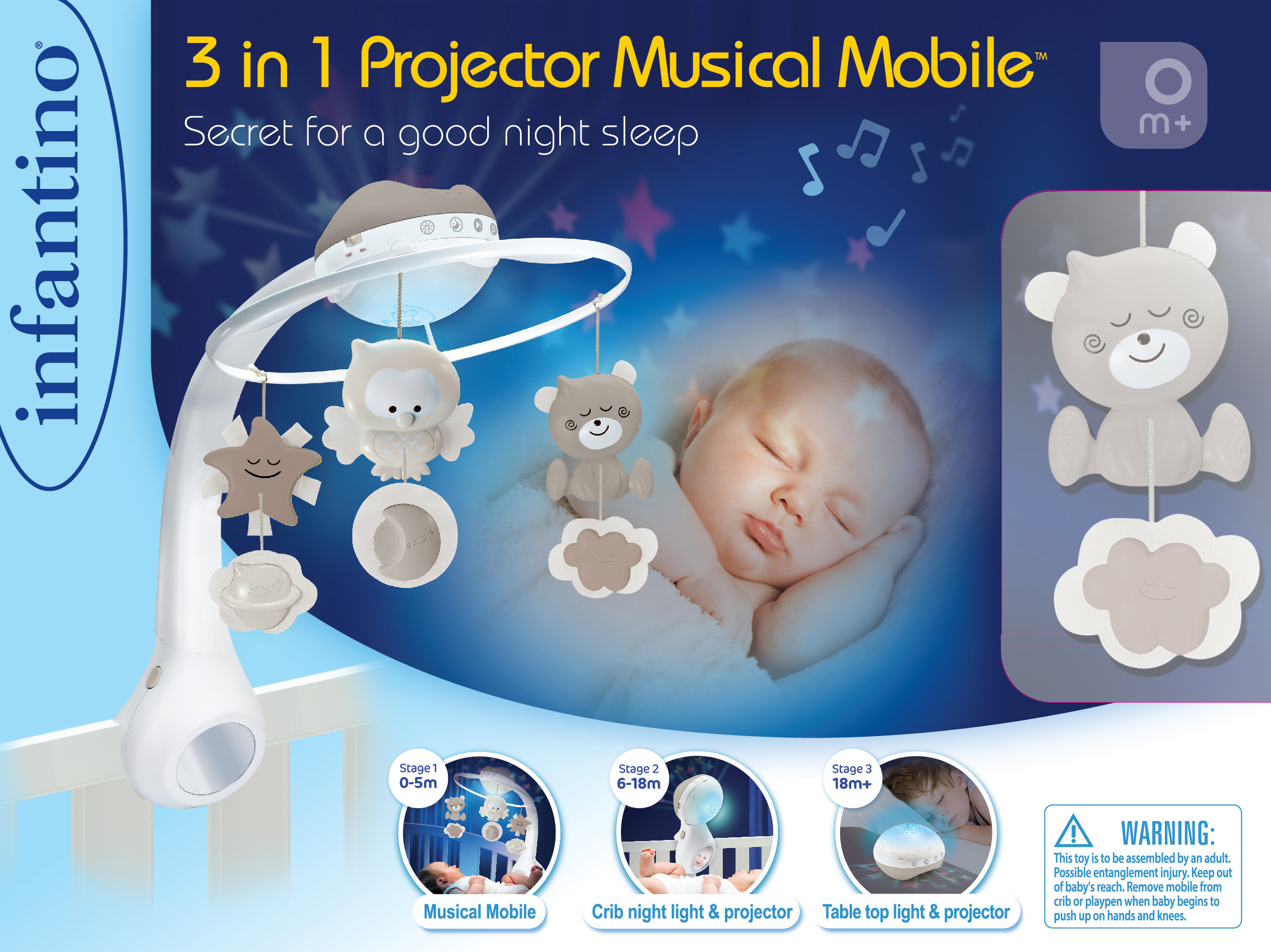 Мобиль-проектор INFANTINO 3 в 1 Музыкальный серо-бежевый - фото 1