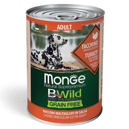 Корм для собак MONGE BWild Grain free из индейки с тыквой и кабачками консервированный 400г