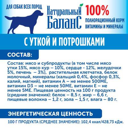 Корм влажный для собак Натуральный Баланс с уткой и потрошками 340г х 3шт