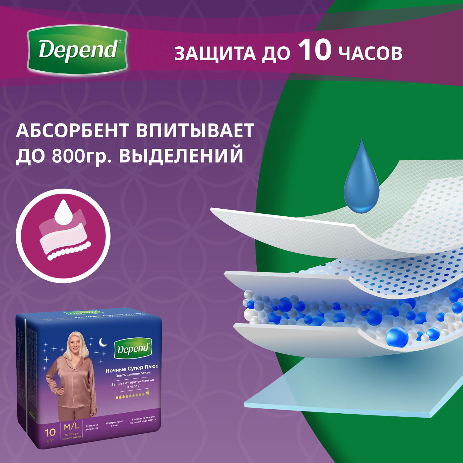 Подгузники для взрослых Depend ночные Супер Плюс M/L для женщин 10шт - фото 5