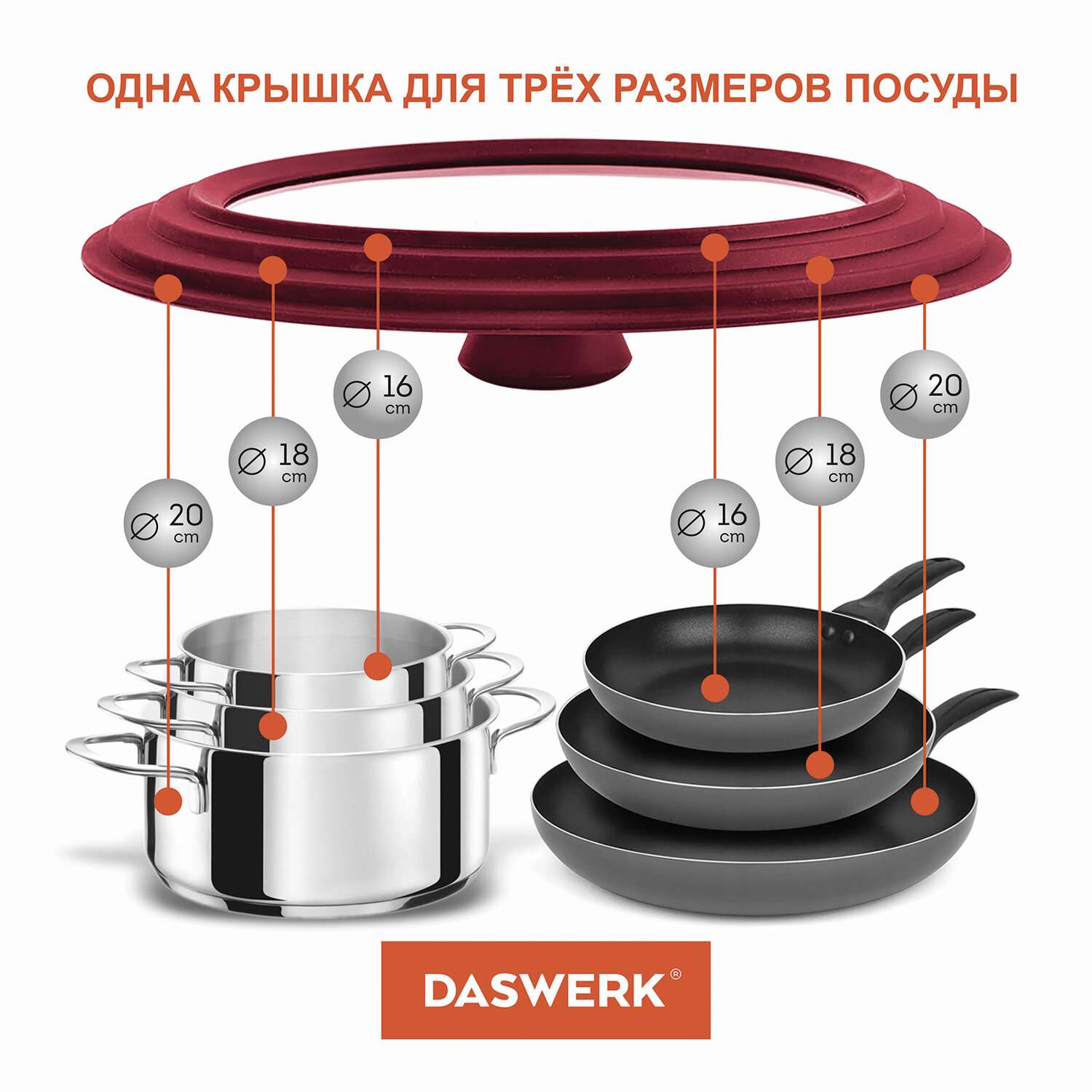 Крышка для сковороды DASWERK кастрюли посуды универсальная 3 размера 16-18-20см - фото 5