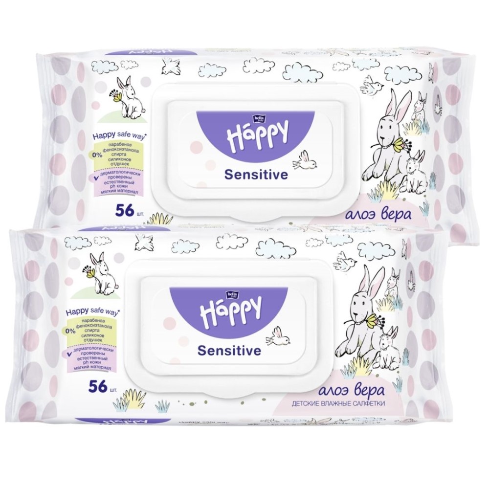 Салфетки влажные детские Bella baby Happy sensitive Алое Вера 2 упаковки по 56 шт - фото 1