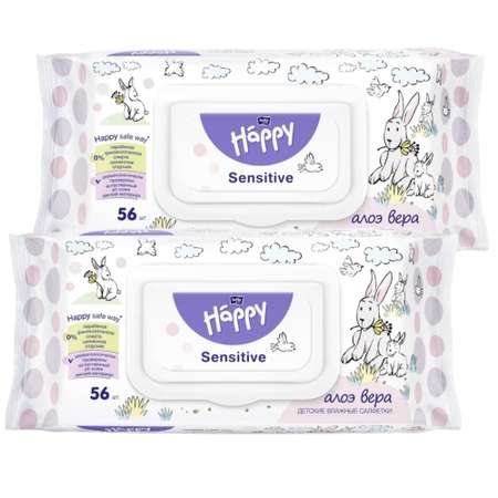 Салфетки влажные детские Bella baby Happy sensitive Алое Вера 2 упаковки по 56 шт