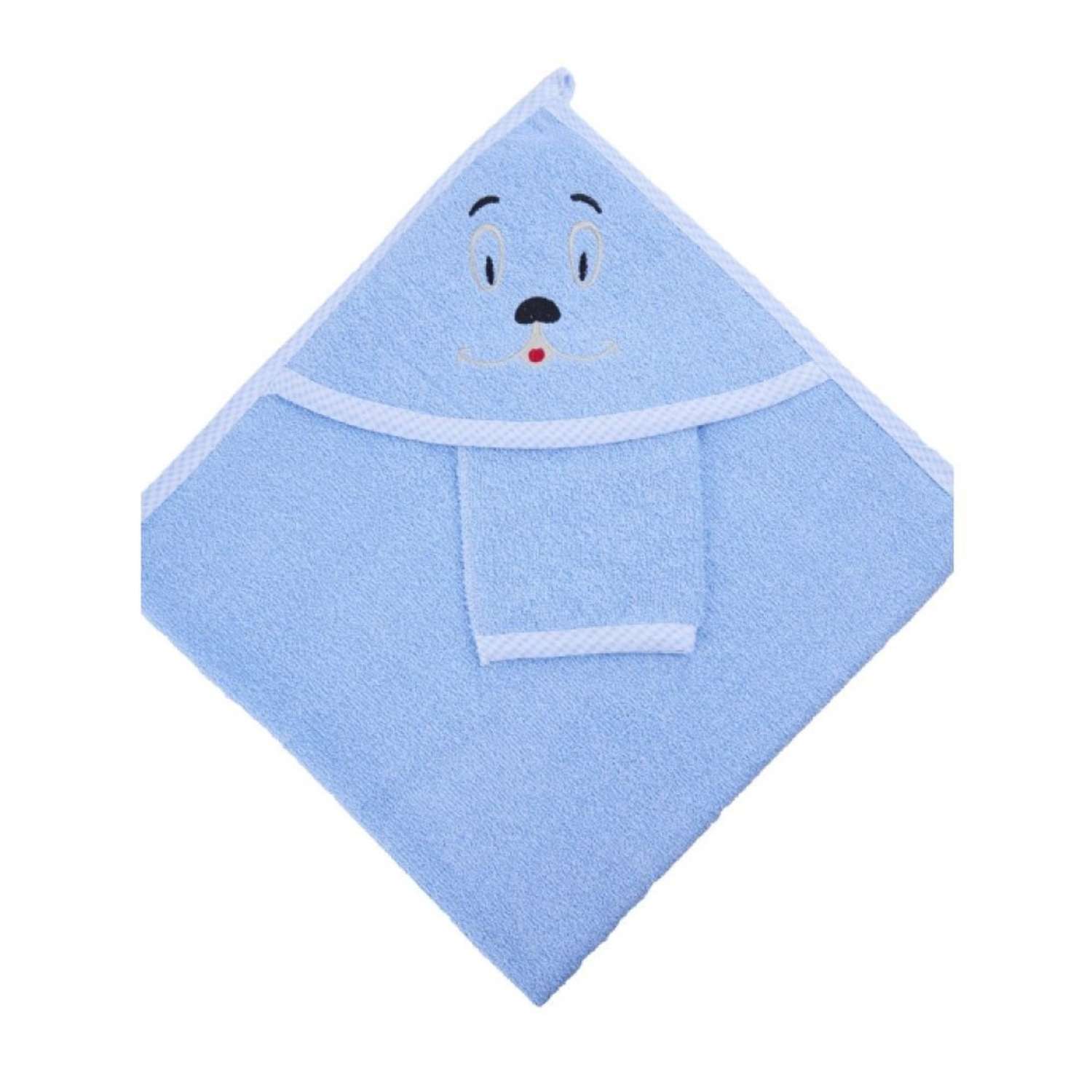 Набор для купания малыша M-BABY махровое полотенце с уголком и рукавичка 100% хлопок голубой - фото 1