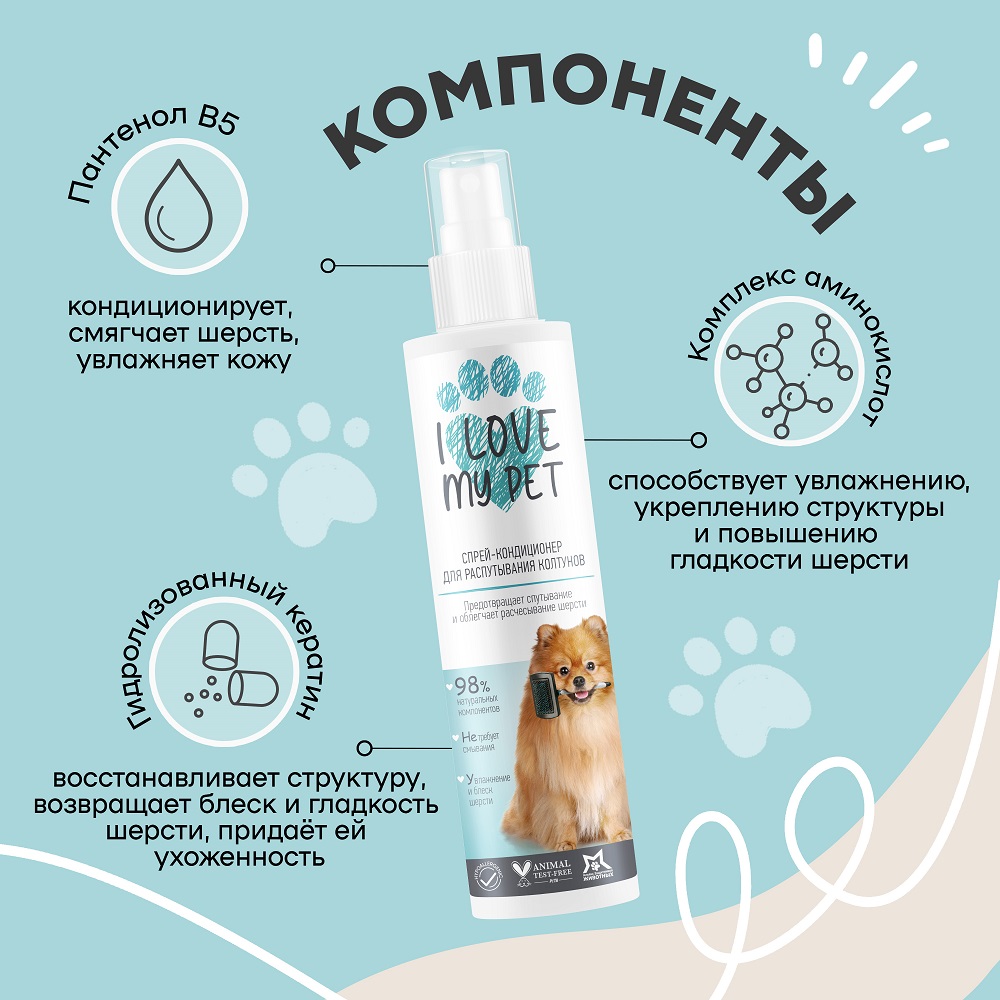 Спрей от колтунов I LOVE MY PET для собак кошек с пантенолом и кератином 250 мл - фото 4