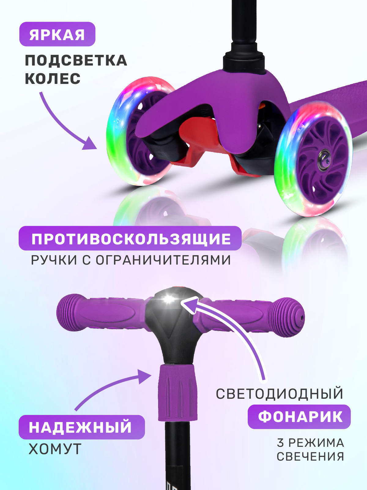 Самокат детский трехколесный CITYRIDE 120/76 с фонариком Колеса светятся - фото 2