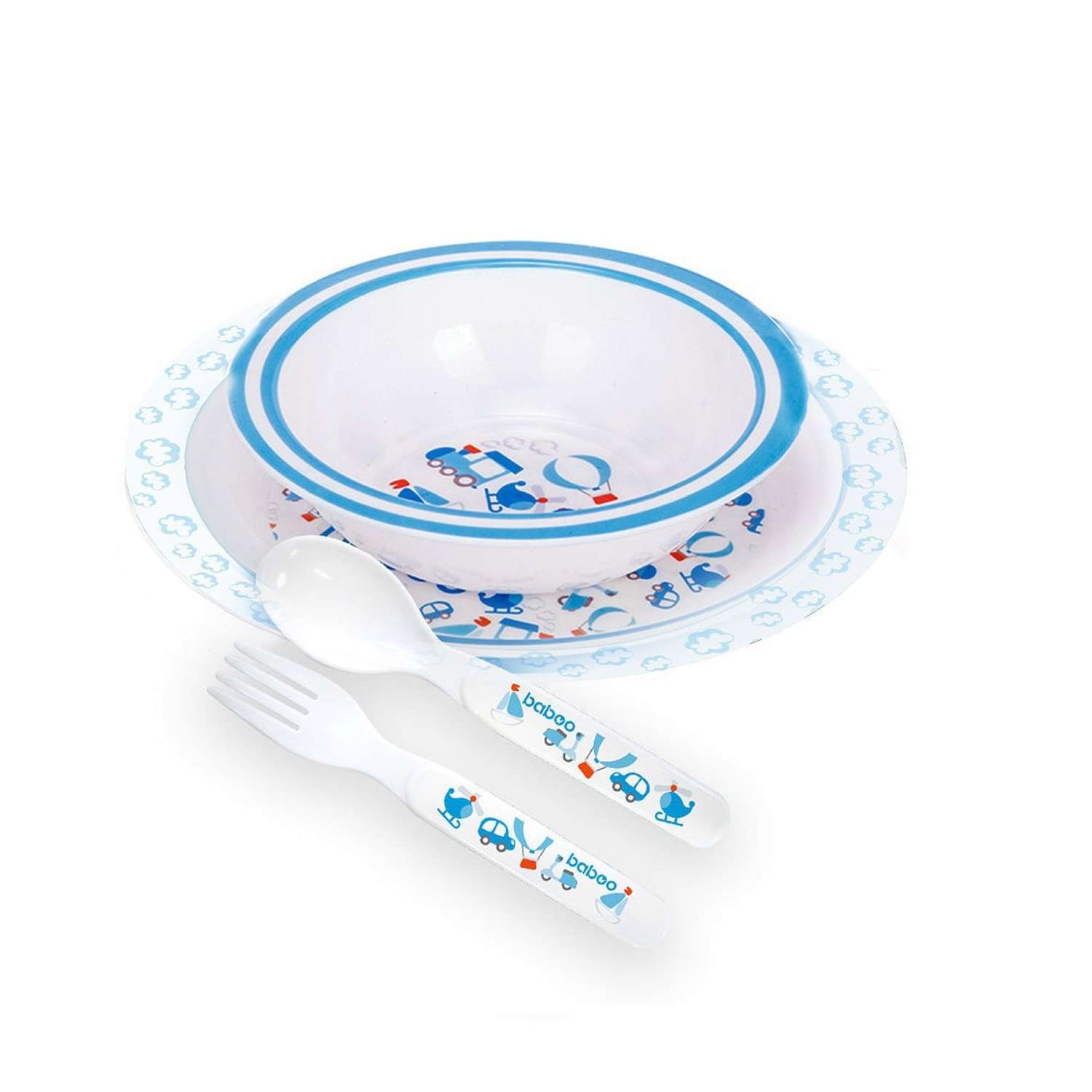 Набор посуды BABOO Набор детской посуды Тарелочка глубокая + плоская + ложка + вилка серия Transport - фото 1