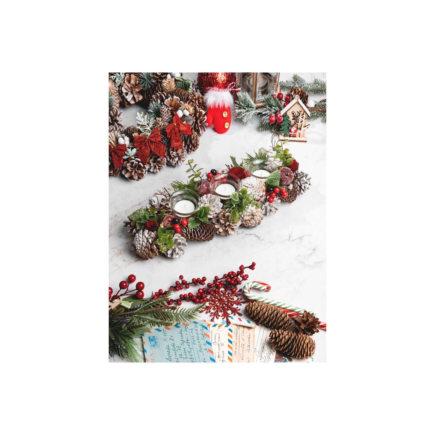 Новогоднее украшение Elan Gallery подсвечник 39х16х8 см Снежная фантазия на 3 свечи прямоугольный - фото 1