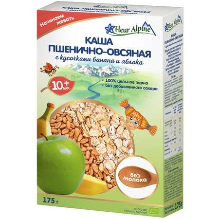 Каша Fleur Alpine безмолочная пшенично-овсяная с кусочками банана и яблок 175г с 10 мес