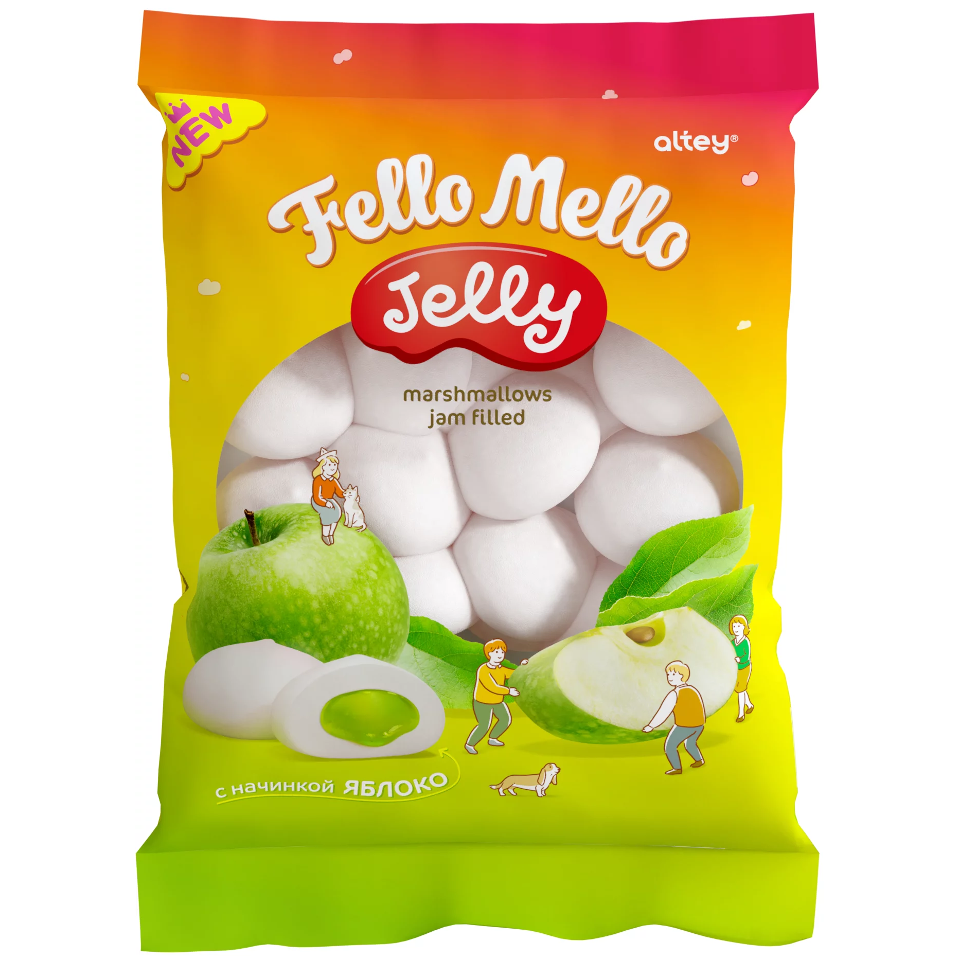 Маршмеллоу FELLO MELLO Жевательный зефир c начинкой JELLY со вкусом яблока 55 г - фото 1