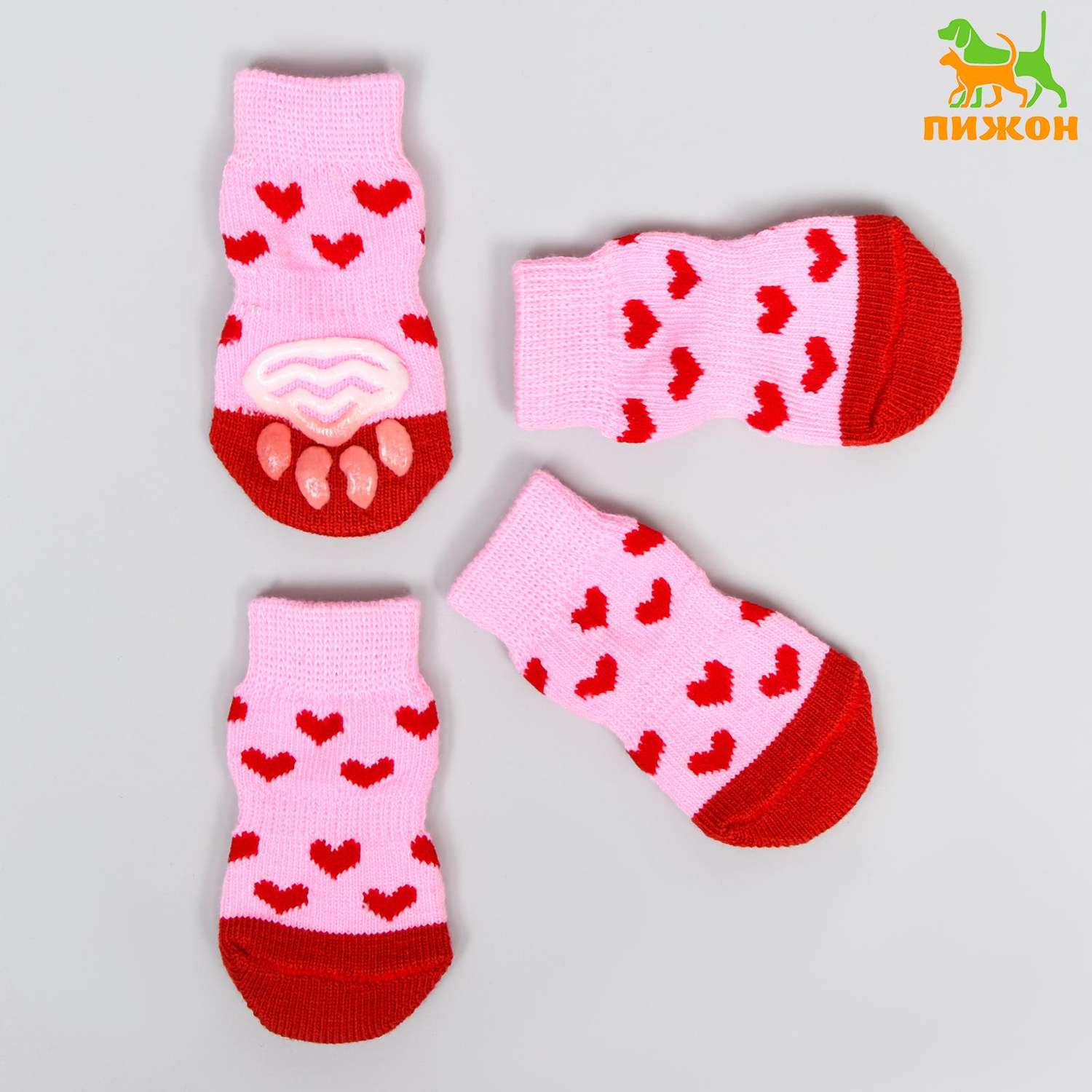 Носки для животных Пижон нескользящие «Сердечки» размер М 4 шт. розовые - фото 2