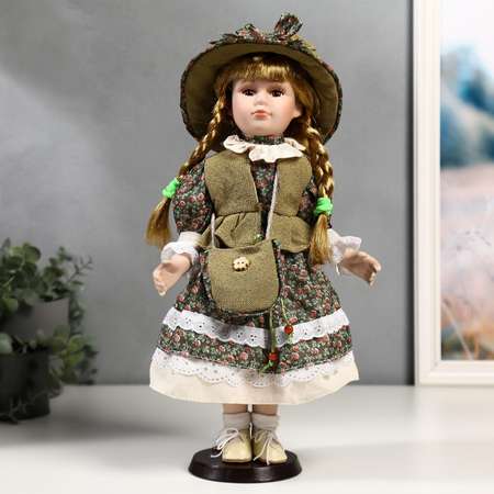 Кукла коллекционная Зимнее волшебство керамика «Маша в зелёном платье в цветочек» 40 см