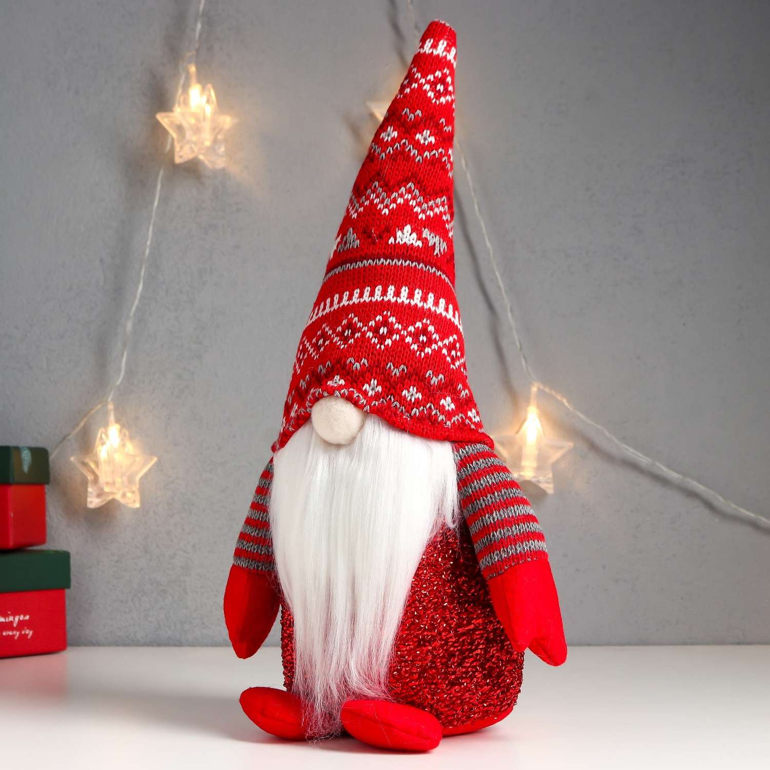 Кукла интерьерная Зимнее волшебство «Дед Мороз светящийся нос в красном колпаке с узорами» 33х17х12 см - фото 4
