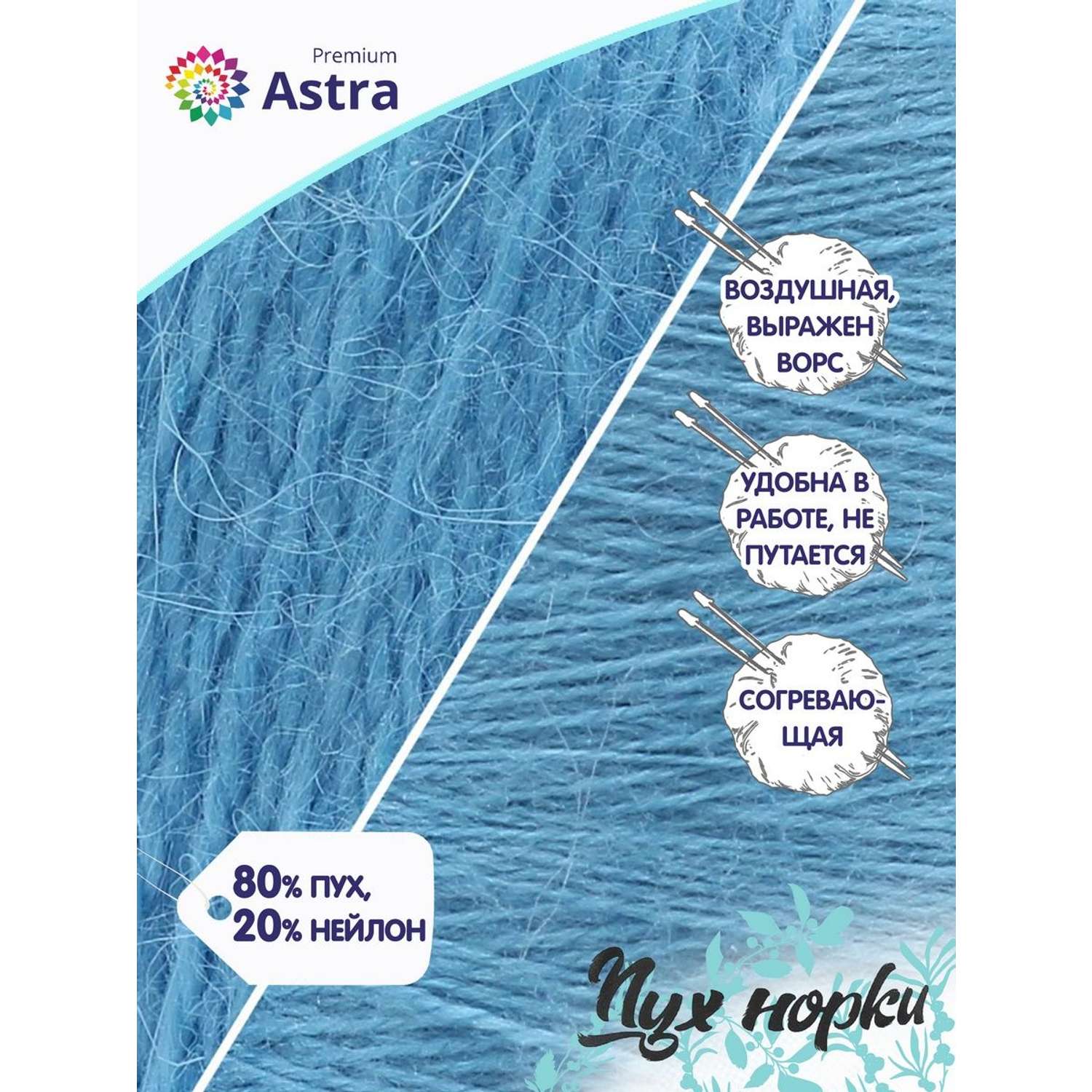 Пряжа Astra Premium Пух норки Mink yarn воздушная с ворсом 50 г 290 м 068 голубой 1 моток - фото 2