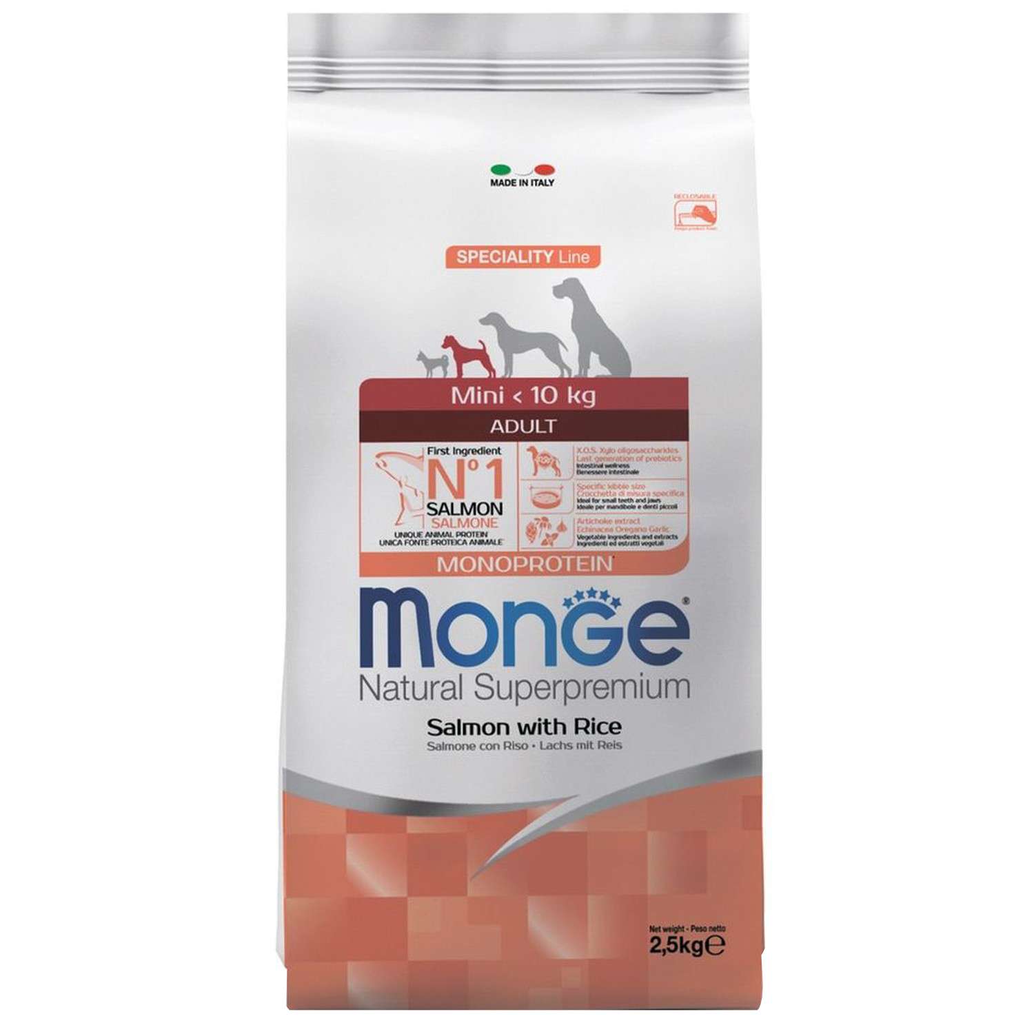 Корм для собак MONGE Monoprotein Mini мелких пород лосось с рисом 2.5кг - фото 1