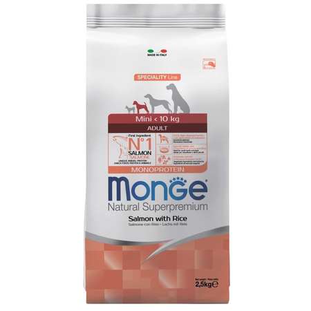Корм для собак MONGE Monoprotein Mini мелких пород лосось с рисом 2.5кг