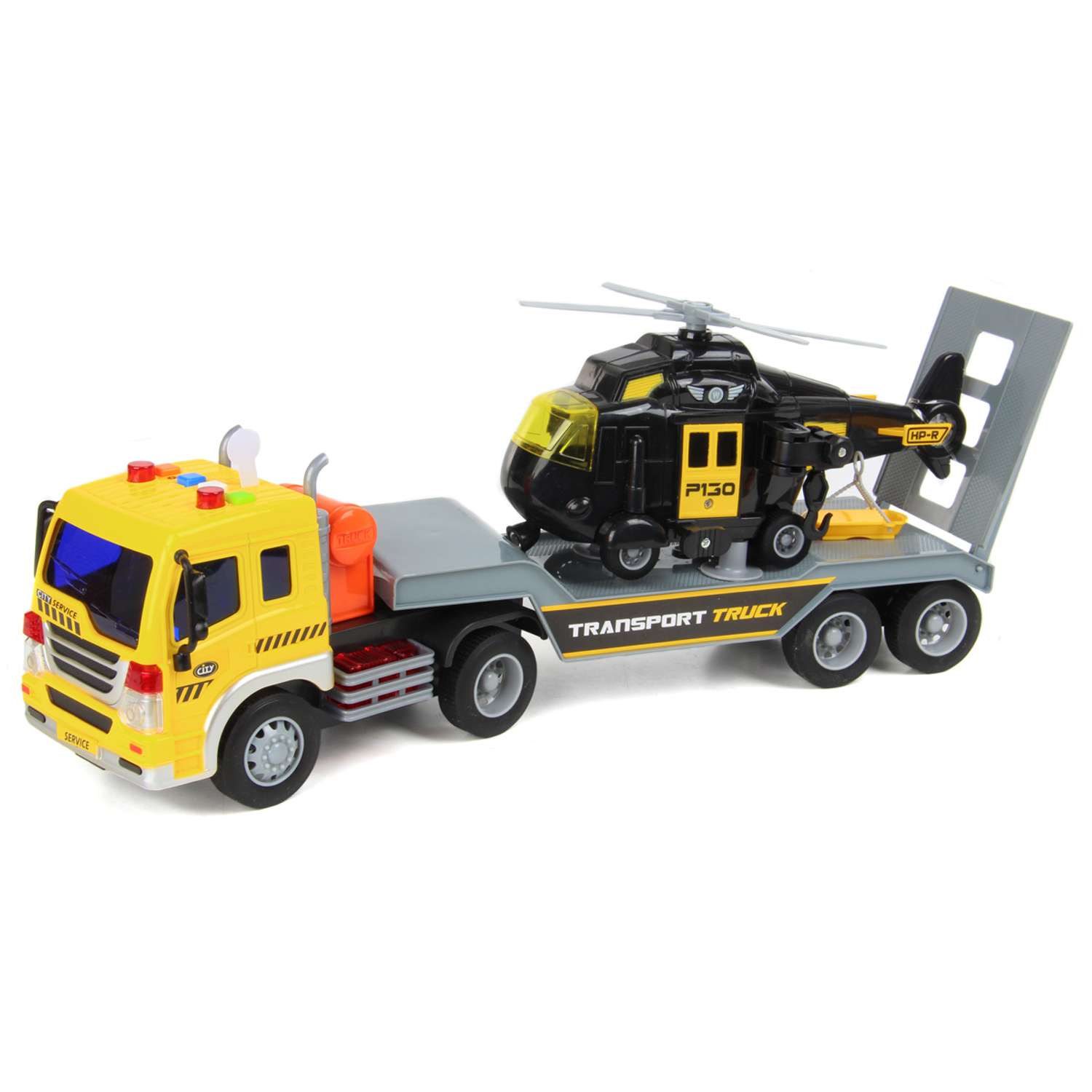 А Машина Drift 1:18 yellow transport truck с вертолетом 82217 - фото 1