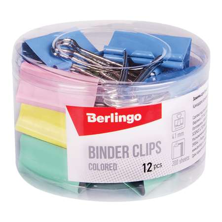 Зажимы для бумаг Berlingo 41 мм цветные пластиковый тубус набор 12 упаковок по 12 шт