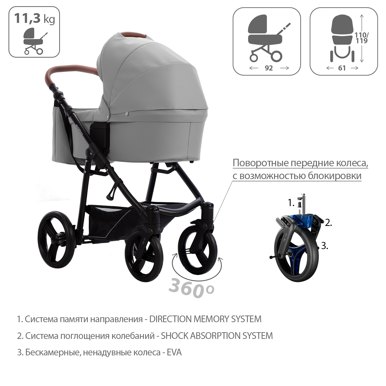 Коляска 2в1 Bebetto Kitelli PRO экокожа шасси Черное 02 - фото 4