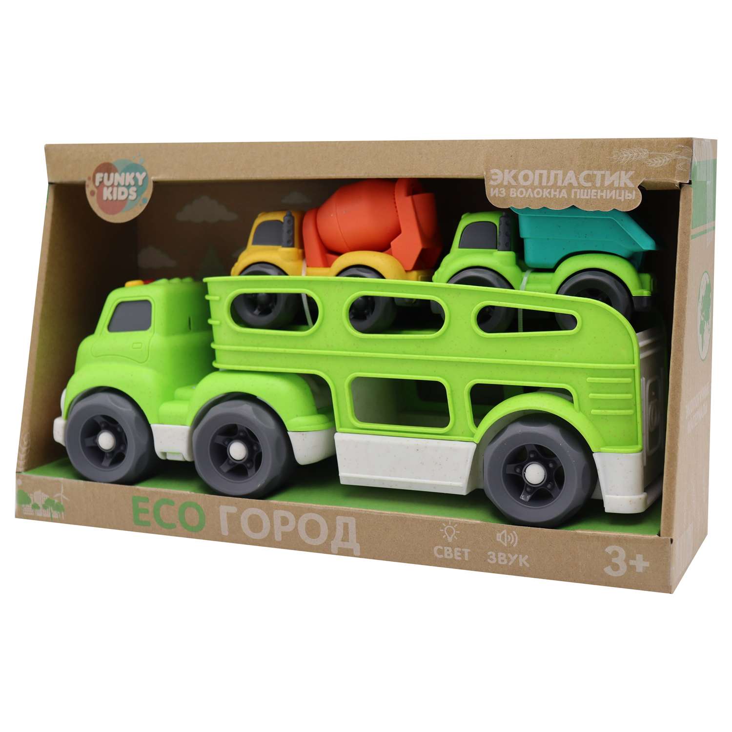 Игрушка Funky Toys Эко-грузовик с функциями свет/звук с 2 машинками Зеленый 30 см FT0416301 - фото 4