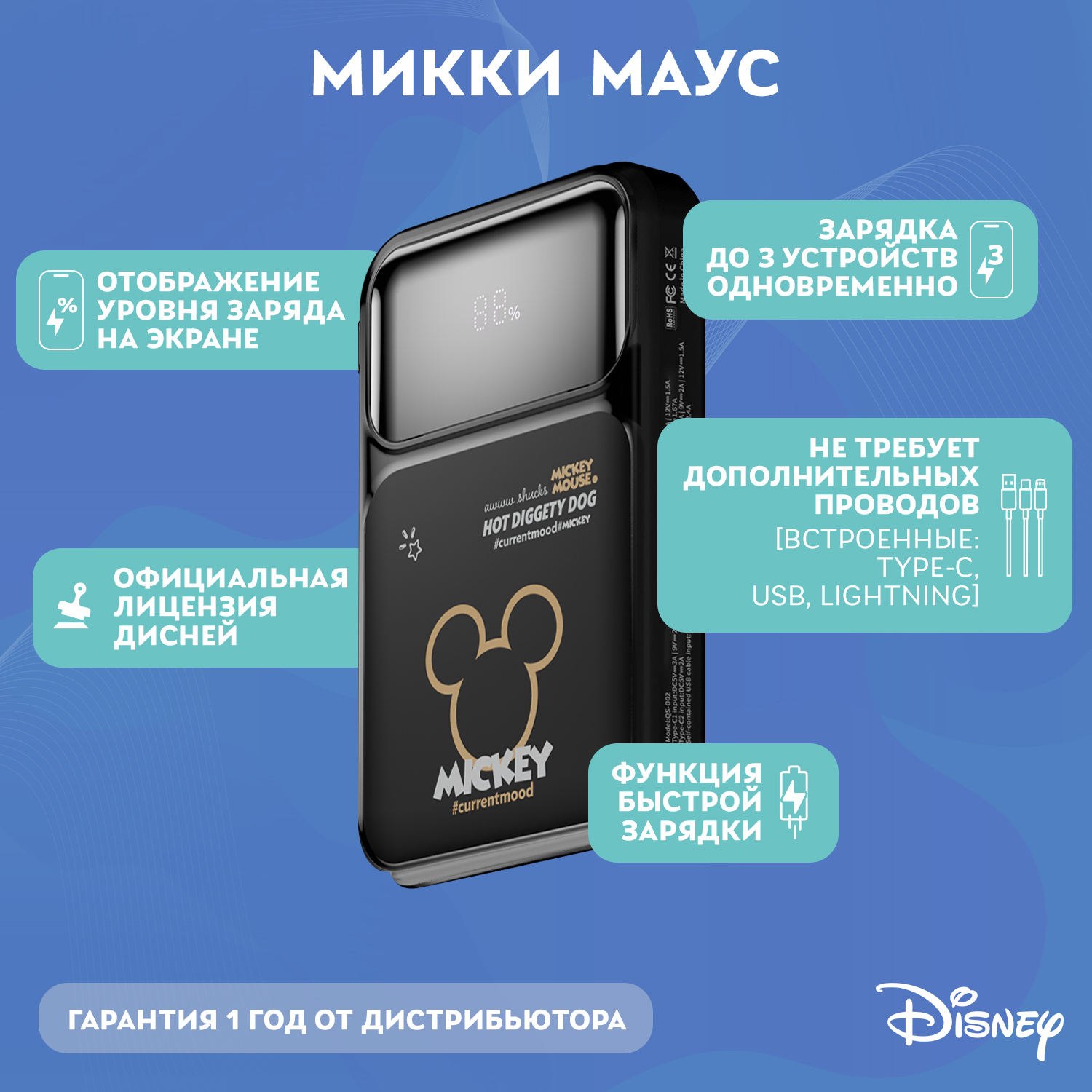 Внешний аккумулятор Disney Микки Маус со встроенными кабелями 10000 мАч QS-D02 - фото 2